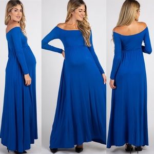 Royal Blue Solid Off Shoulder Maternity Midi Dress